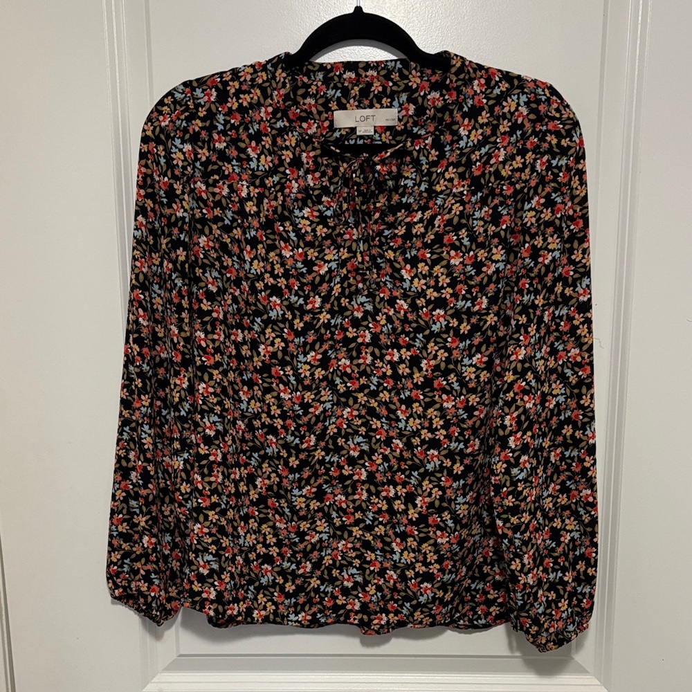 LOFT Black Floral Tie-Neck Long Sleeve Blouse